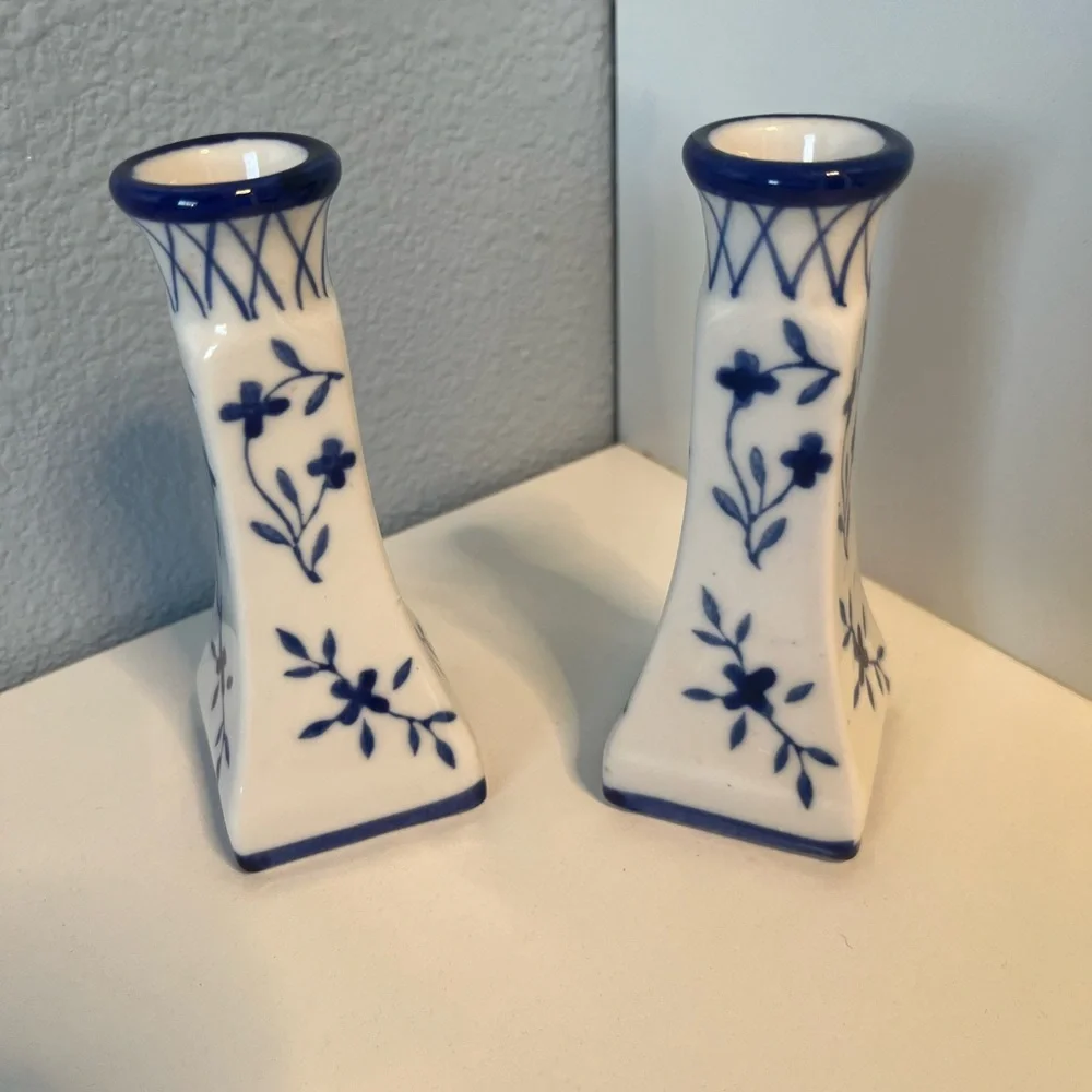 Vintage Delft Elegant Blue and White Ceramic Floral Candle Holders 5” - Picture 2 of 6